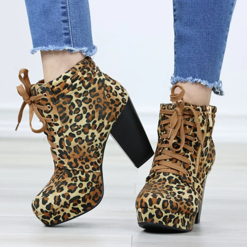 Leopard Platform Ankle Boots High Heel Leopard Faux Suede Lace-Up Block - Picture 11 of 12